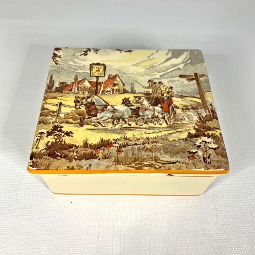 Vintage Hanley Trinket Cigarette Box Made England Newhall Horse Carriage Cottage